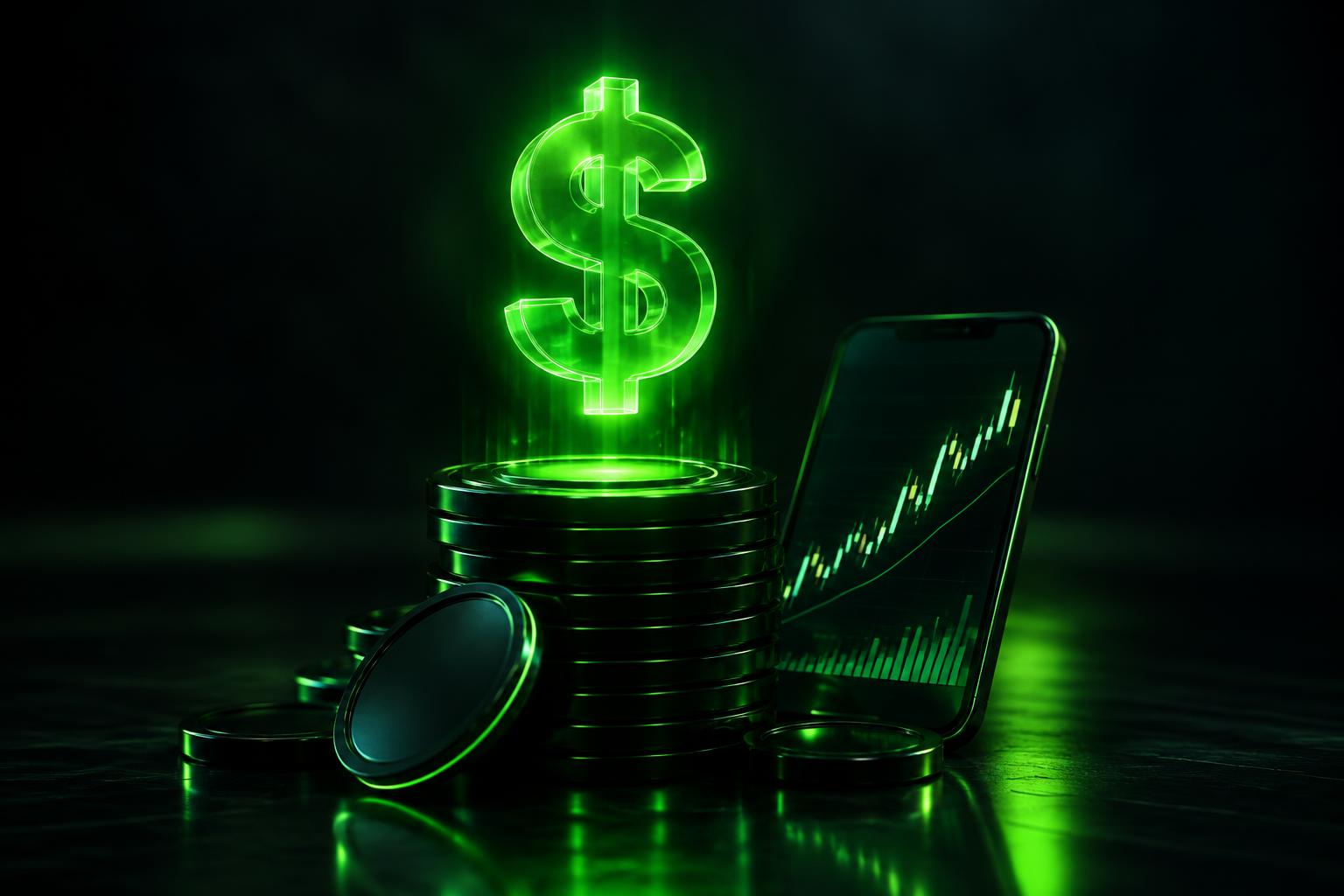 Glowing dollar sign over coins and a rising chart